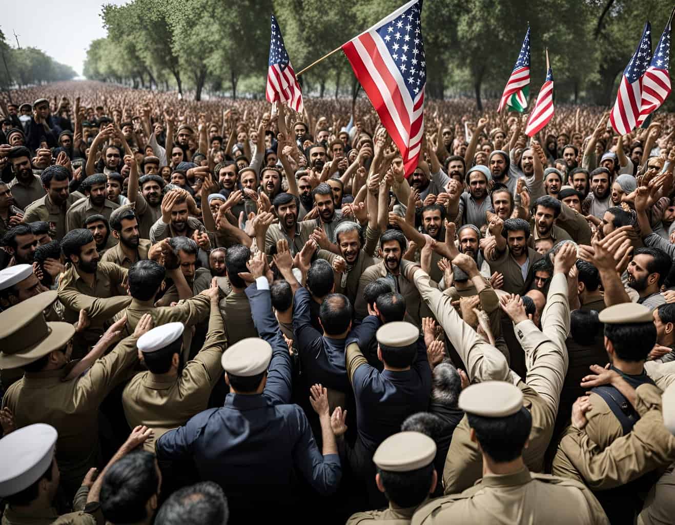 liberation at the us ambassee Crowd saluting with American flags outdoors.