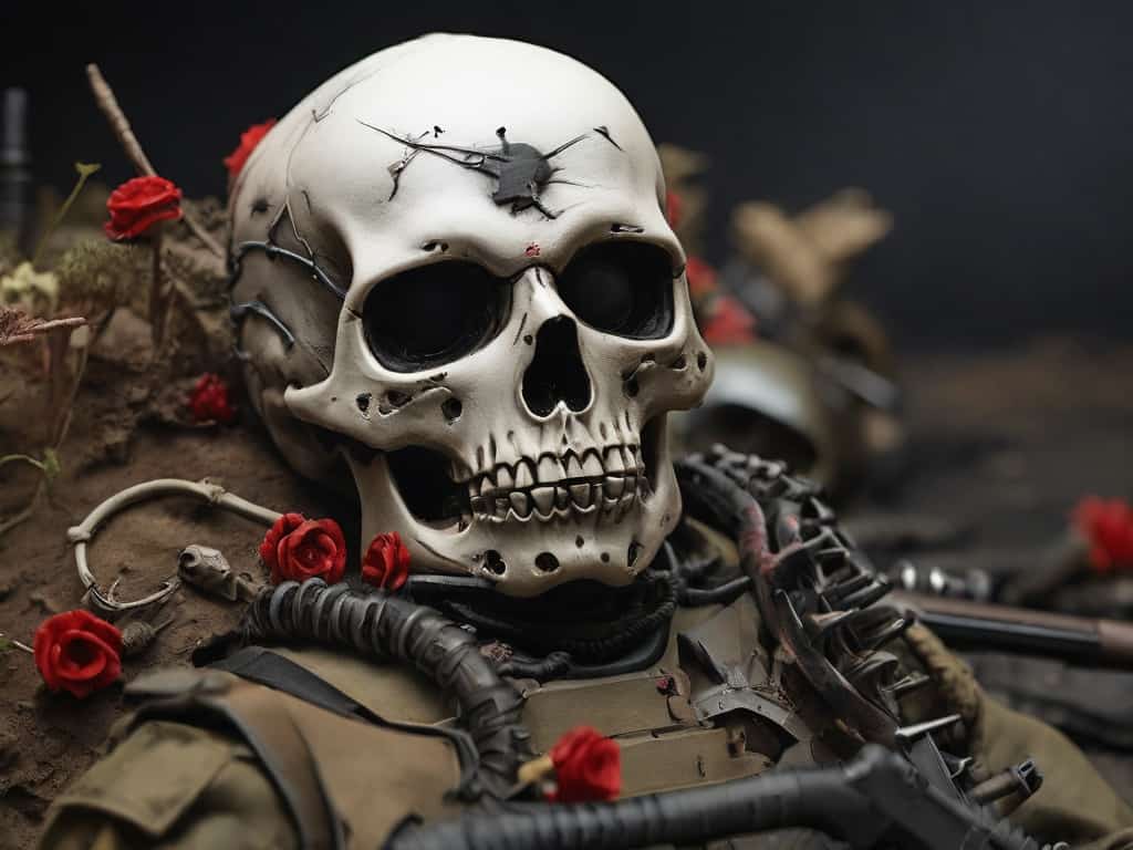 modern death in war Skull with helmet, roses, and military gear