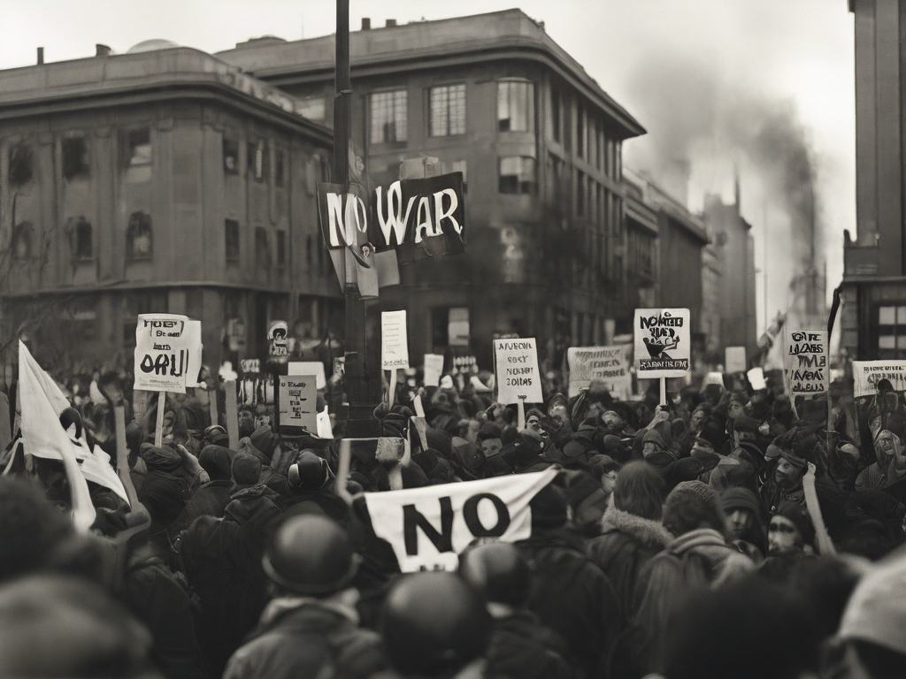 no war protests Peaceful anti-war protest with placards in city.
