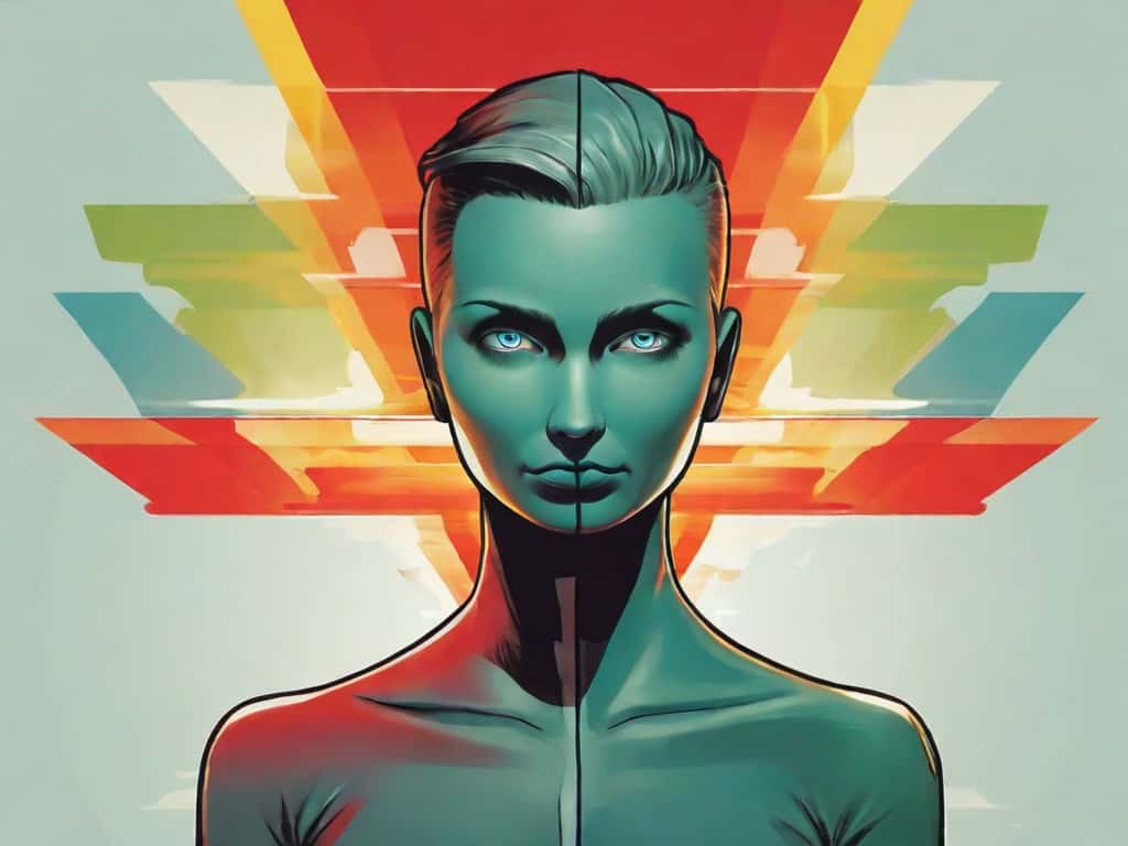 positive and negative thinking 1 Futuristic android portrait with colorful geometric background.