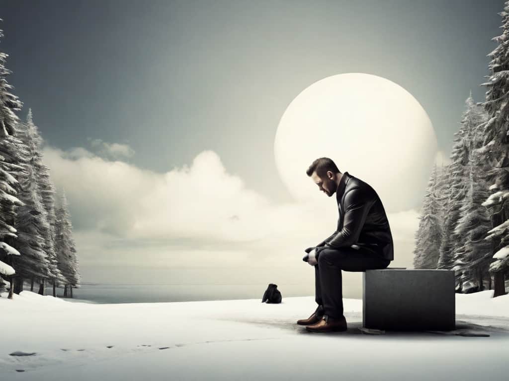 positive and negative thinking Man sitting alone in snowy landscape with surreal sun.