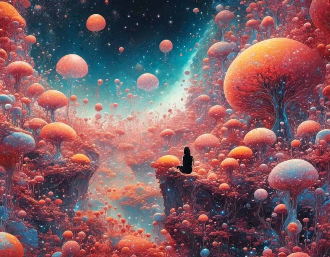 psyche and reincarnation Person in surreal alien forest with giant mushroom-like trees.
