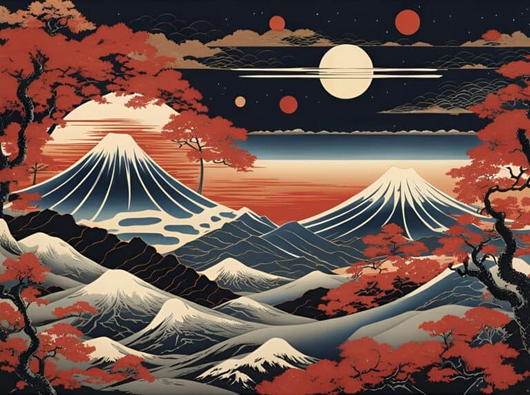 Japanese-style mountain landscape illustration with autumn trees.