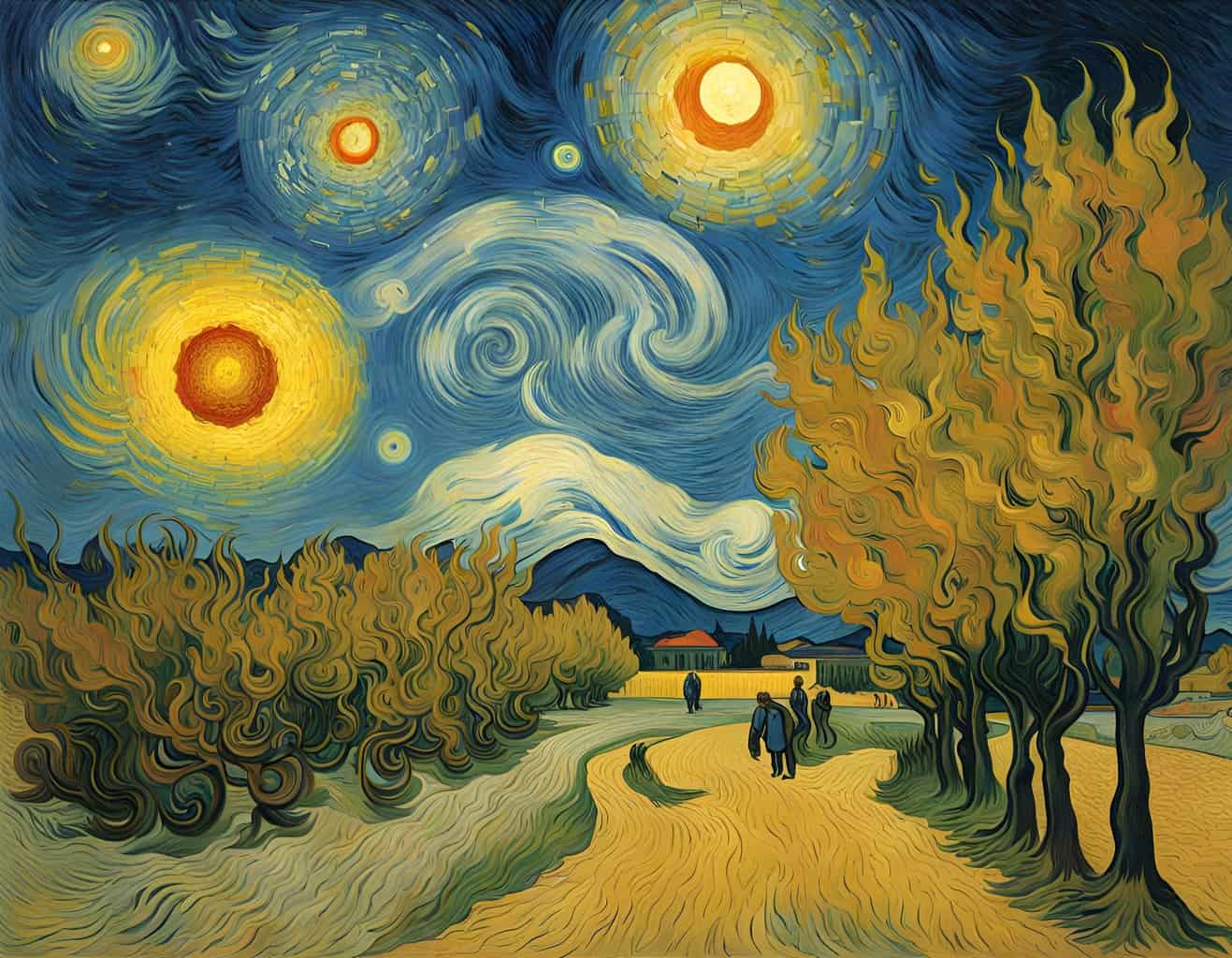 quantum mechanics and space van gogh Starry night painting with swirling sky and bright stars.
