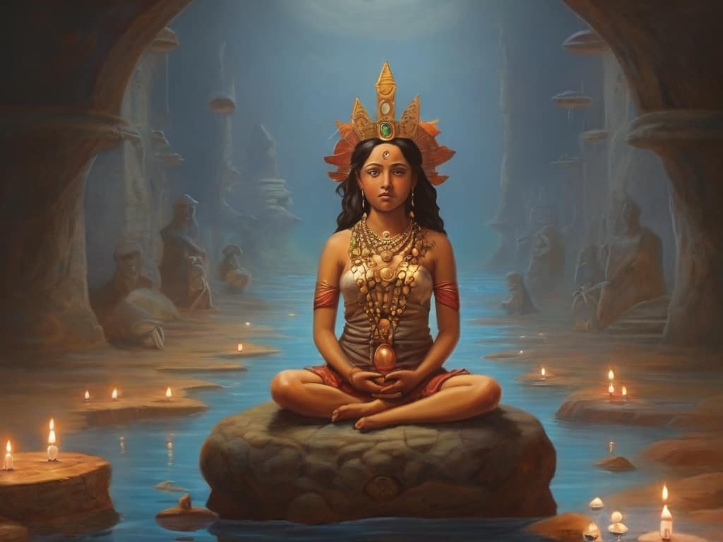 reincarnation Mystical meditation scene with serene figure and candles.