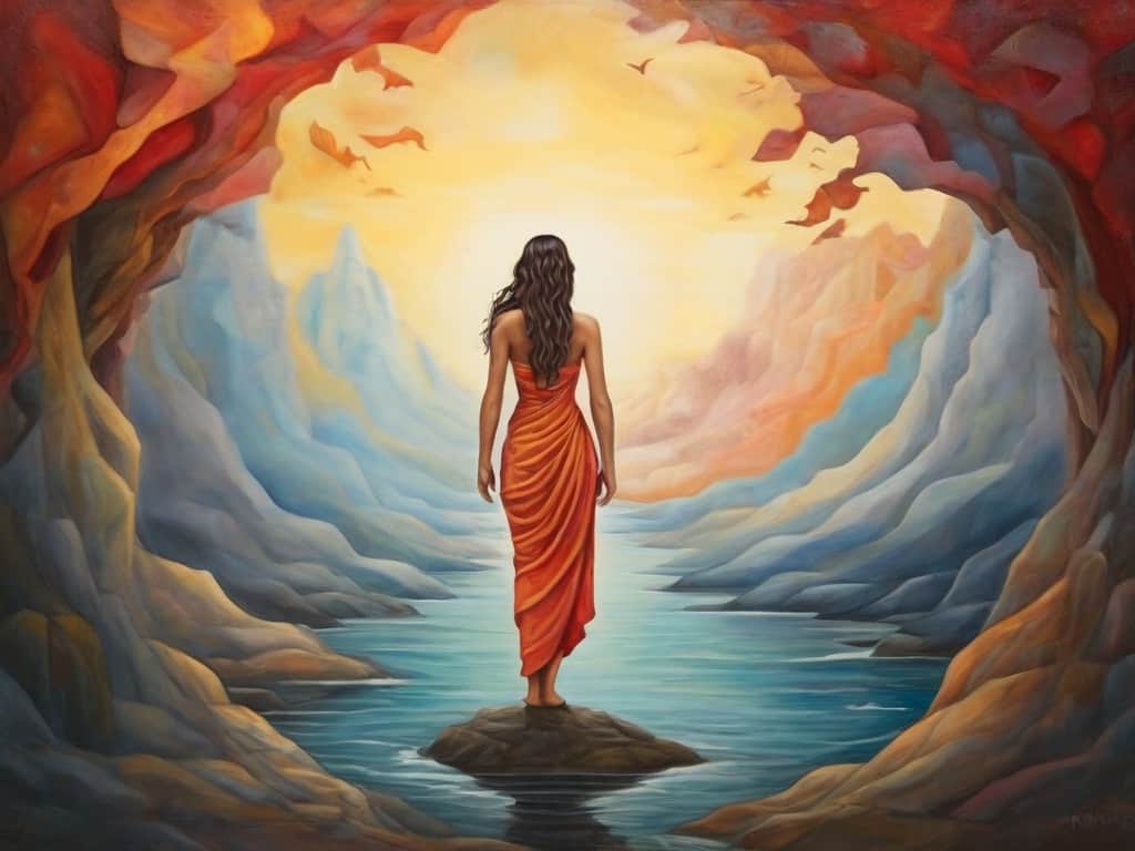 Woman in cave entrance overlooking mystical mountain landscape.