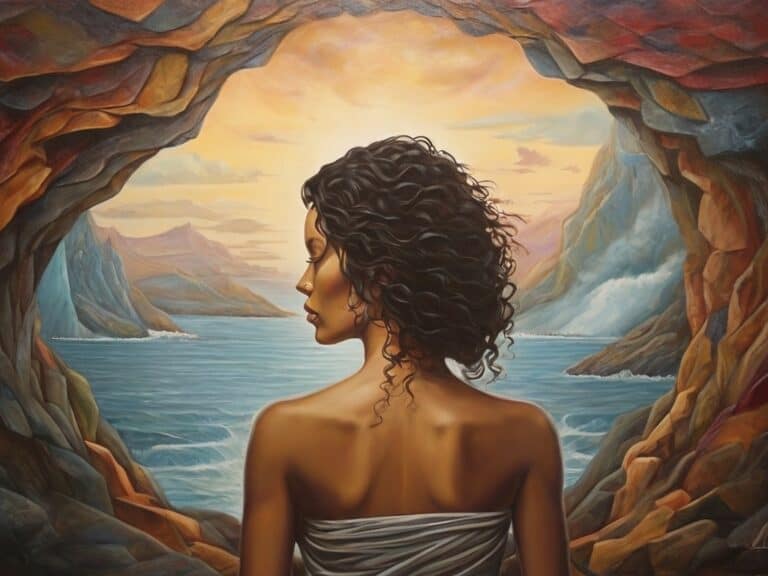 Woman overlooking serene seaside mountainous landscape from cave.