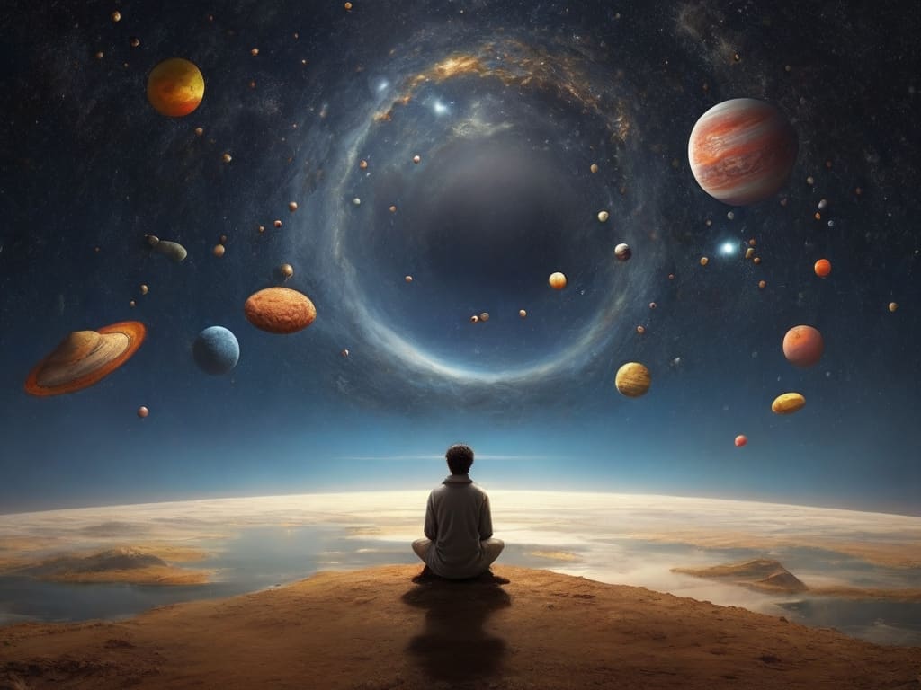 spacious present and inverted time Person observing surreal planetary alignment from cliff.