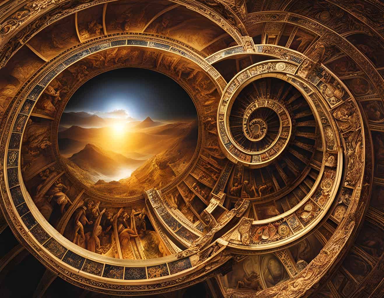spiritual evolution through human history Infinite spiral staircase merging with mountainous sunset landscape.