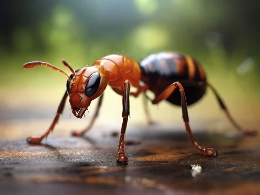 stepping on an ant Close-up of an ant on a wooden surface.
