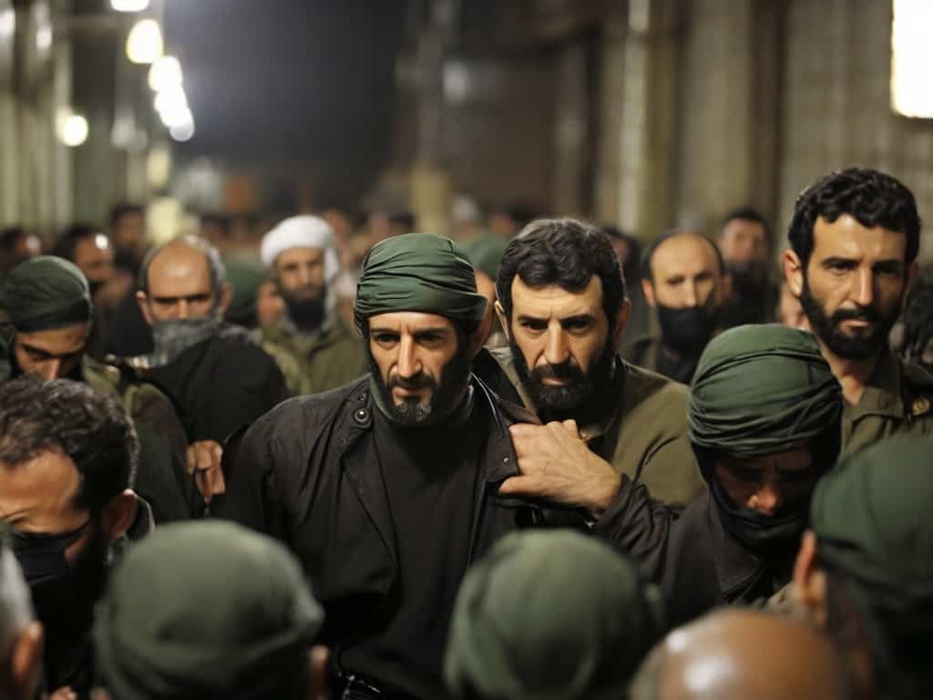 the iranian hosting crisis Group of men in traditional headgear walking determinedly.