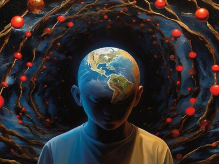 Surreal cosmic portrait with Earth and red spheres.