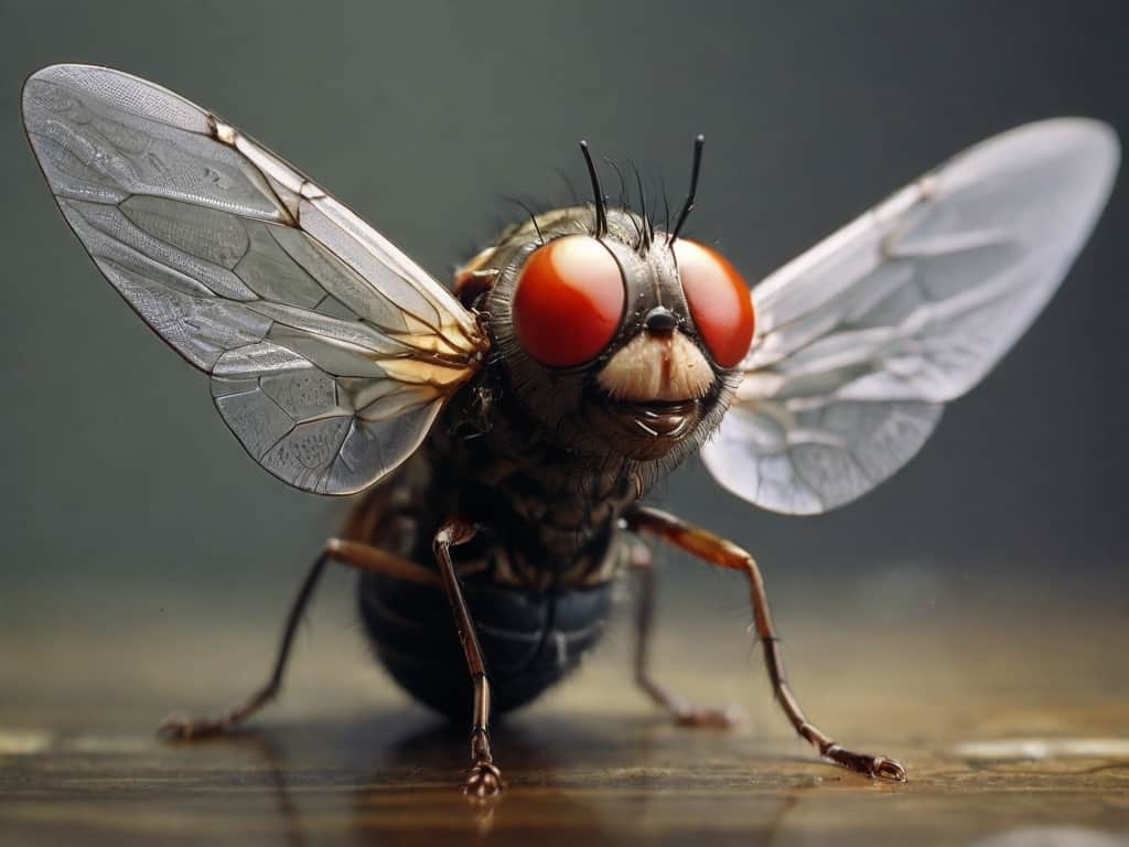 the wings of a fly Close-up of housefly with detailed wings and eyes.