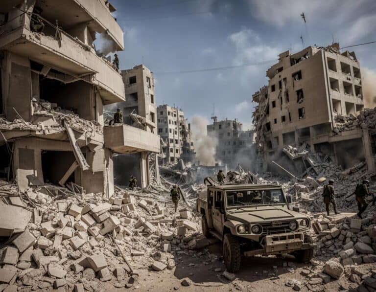 Soldiers navigate through urban wartime rubble.