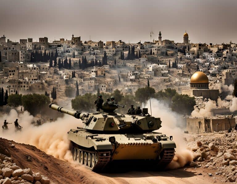 Tank advances near historic Middle Eastern cityscape.