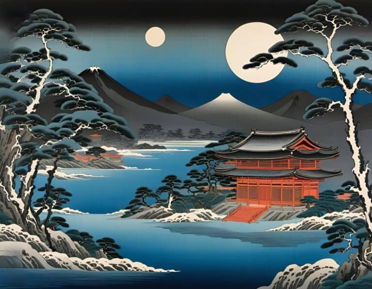 Traditional Japanese landscape with temple and full moon.