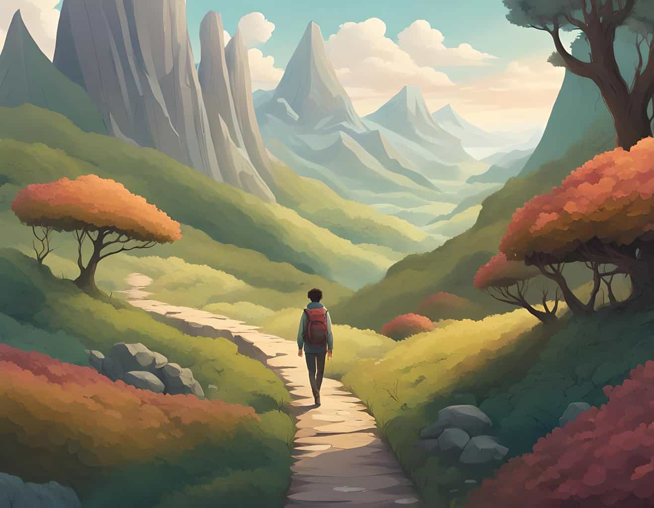 Positive Mindset Navigation | A person confidently navigating a path through a fantastical landscape. Foreground: A person stands tall with a determined expression. He is dressed for exploration, with a backpack and sturdy shoes. Background: The path they walk on winds through a fantastical landscape.