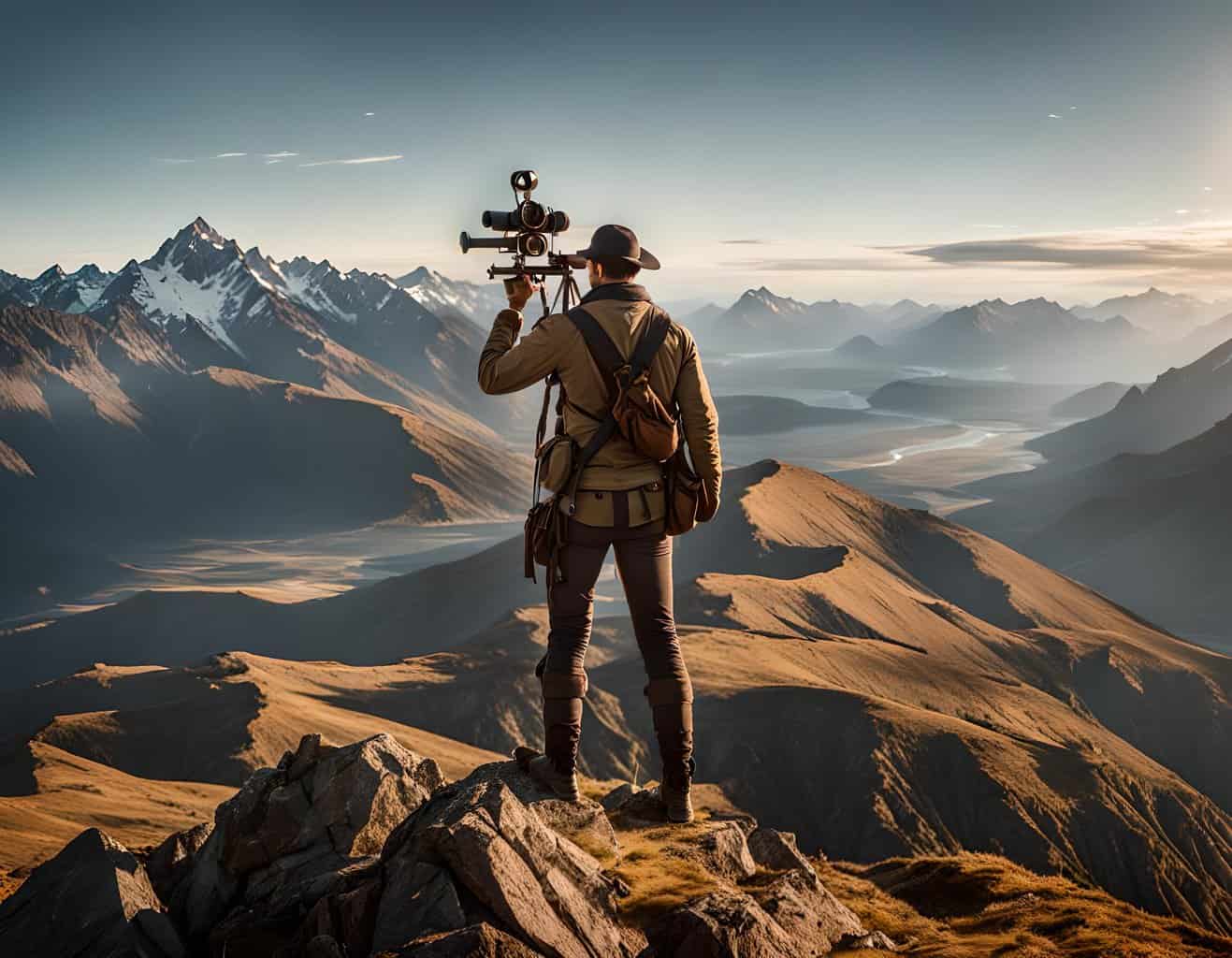 Positive Mindset Navigation | "A person stands on a mountain peak, overlooking a vast and uncharted landscape. They hold a sextant in one hand and a determined expression on their face."