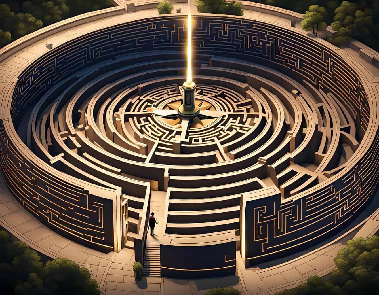 Positive Mindset Navigation | "A complex maze with winding paths, dead ends, and a single exit. - A small person stands at the entrance, holding a compass. - The compass has a glowing center that points towards the exit."
