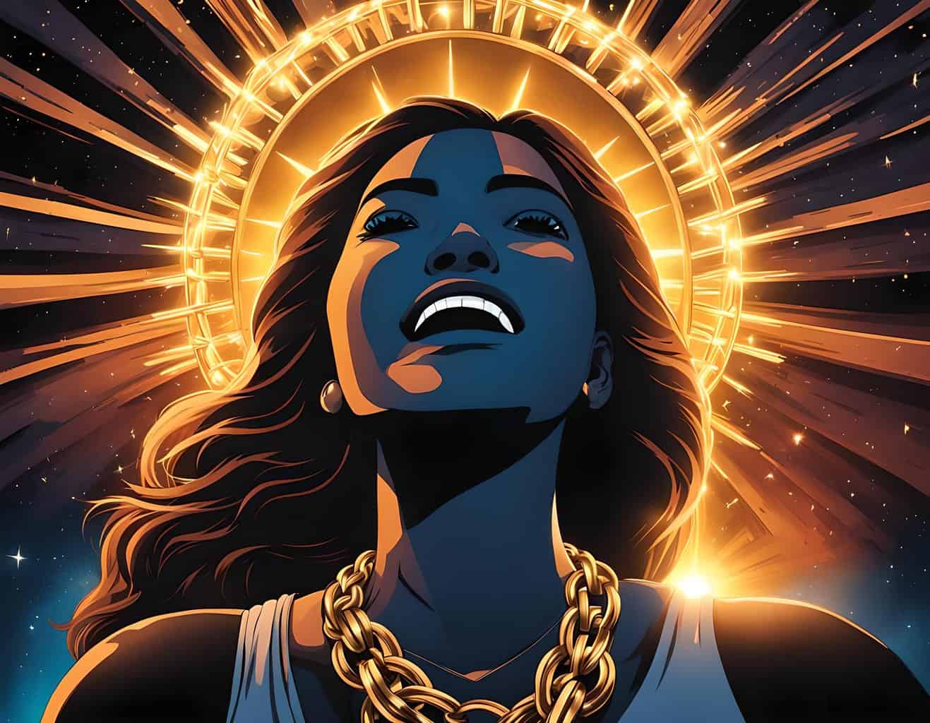 Positive Mindset Navigation | A person breaking free from negativity and embracing their potential. The person looks upwards with a hopeful expression. Breaking free from dark, heavy chains or shackles that symbolize negativity. A bright light source shines from above, representing positivity and potential. A beacon of hope.