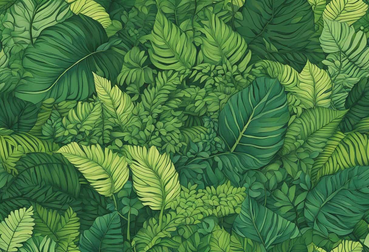 The Concept of Camouflage in Seth’s Teachings (2) Camouflage in Seth’s Teachings | A lush forest floor with vibrant green foliage blending seamlessly with the dappled sunlight filtering through the canopy above. Twisting vines and intricate patterns of leaves create a natural camouflage, embodying Seth's teachings on blending and adaptation