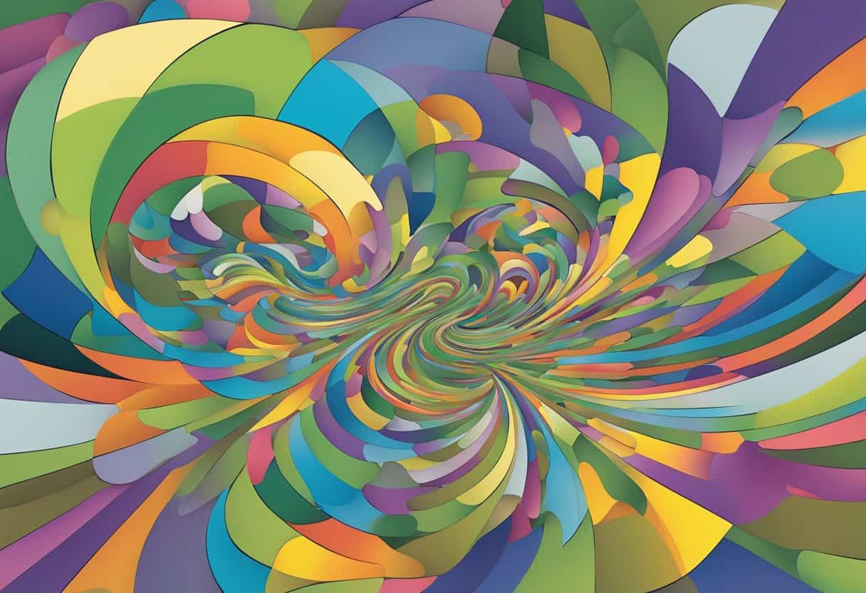 The Concept of Camouflage in Seth’s Teachings (4) Camouflage in Seth’s Teachings | A swirling vortex of colors and shapes, merging and blending seamlessly into the surrounding environment, representing the concept of "camouflage" in Seth's teachings on time, space, and reality