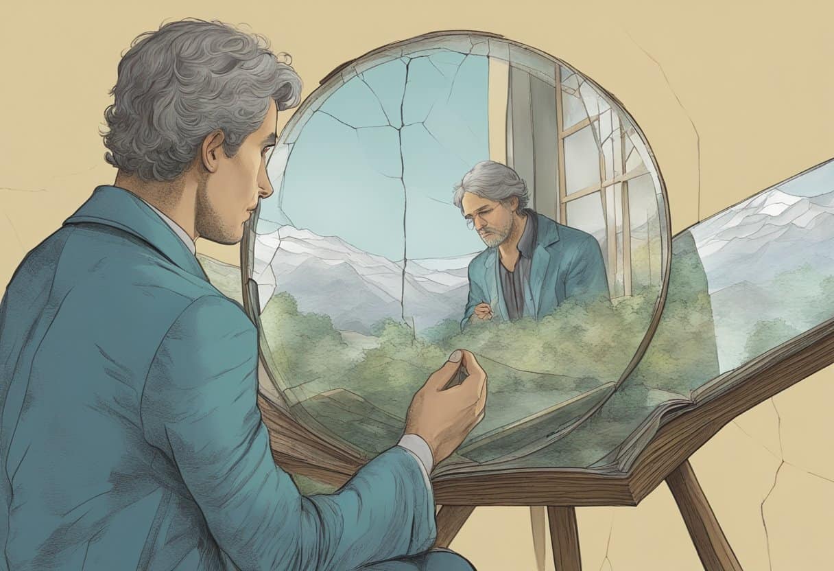 Understanding the Value Man reflecting on aging in cracked mirror illustration