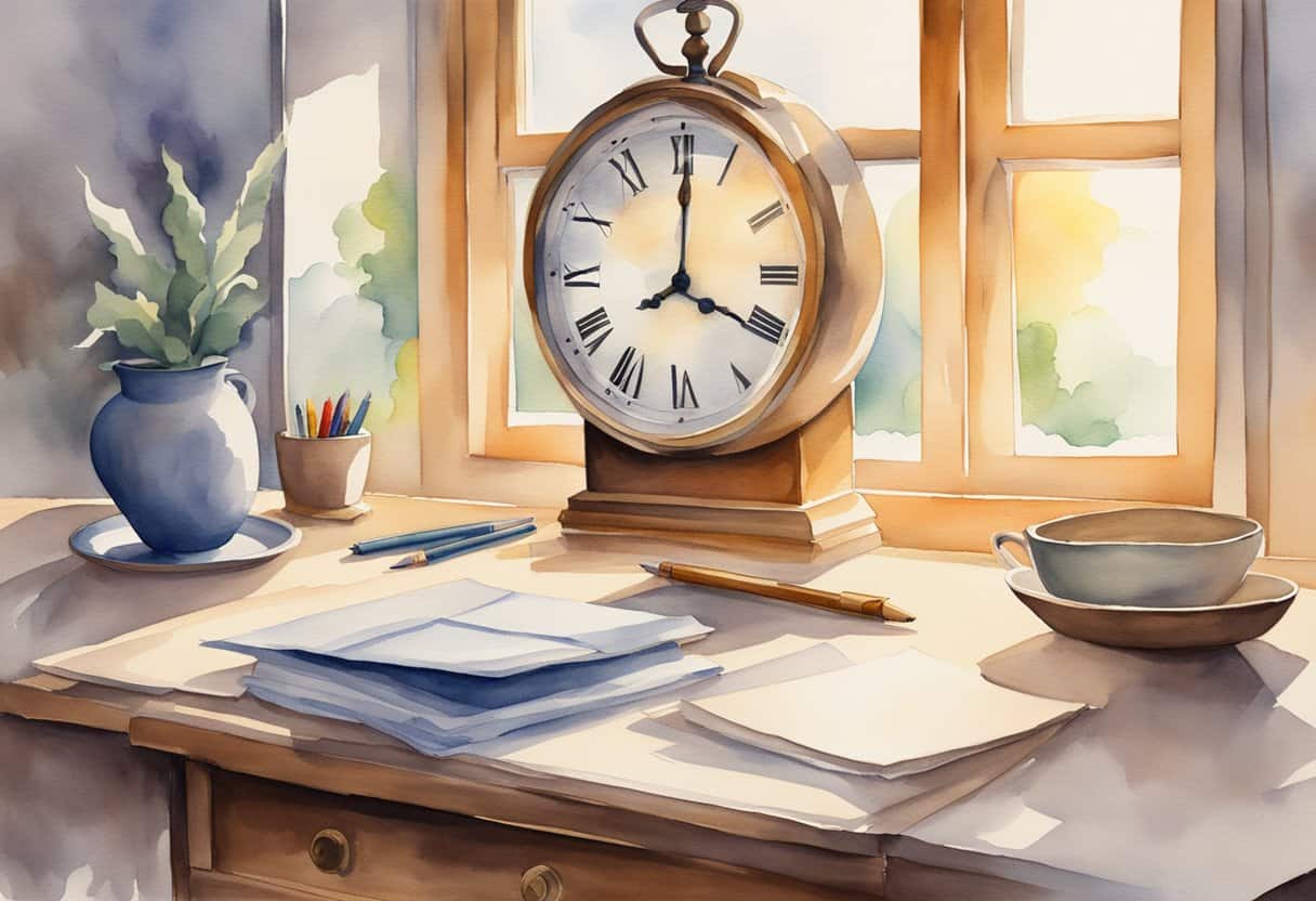 concept of time in daily life Vintage clock and stationery on sunlit desk.
