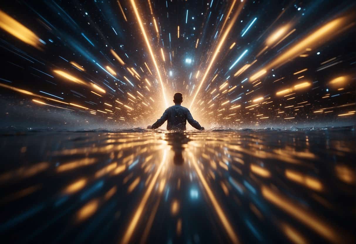 consciousness and health 1 consciousness and health | Man immersed in dynamic, illuminated cosmic light streaks.