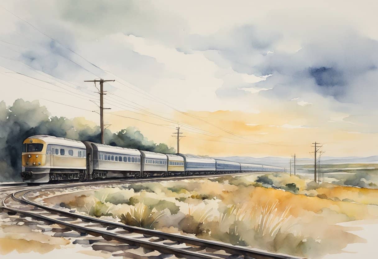 consciousness and health 2 consciousness and health | Watercolor of train traveling through scenic landscape at sunset.