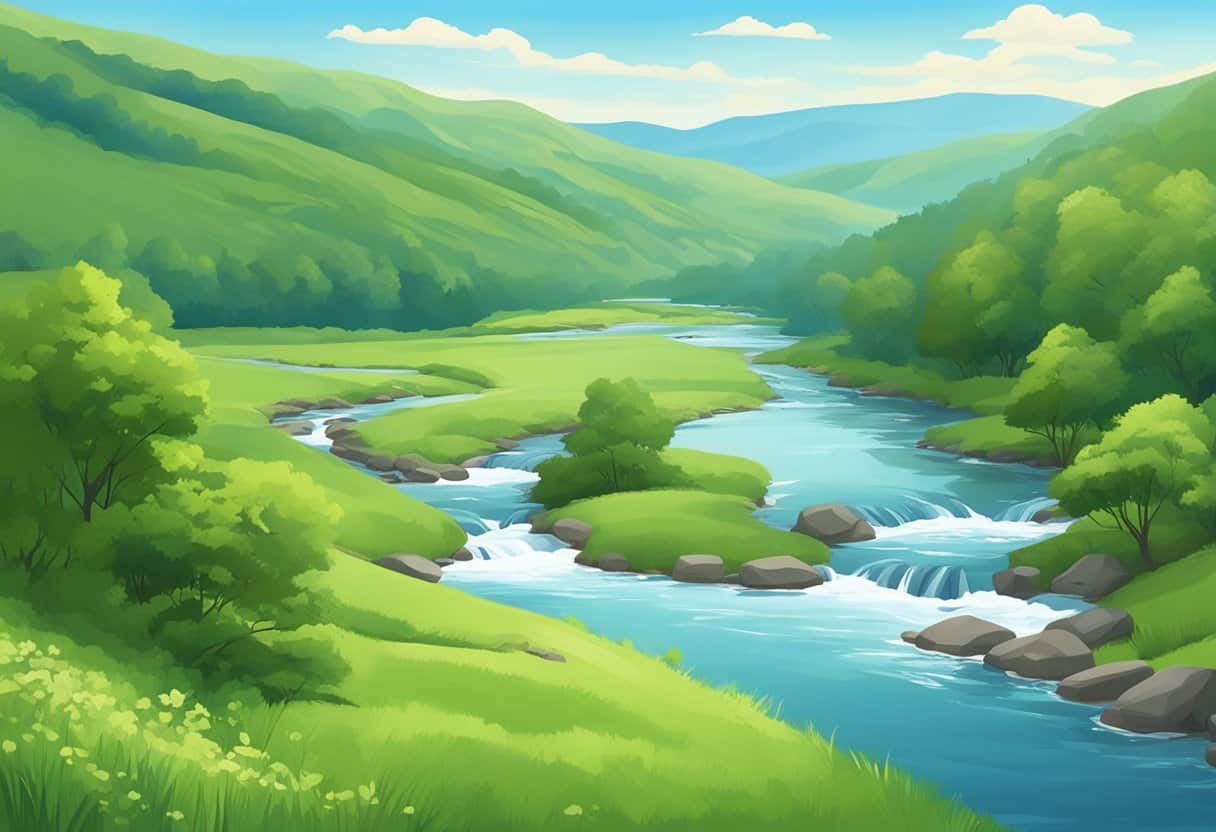 Managing stress 1 Managing stress | Peaceful animated river landscape with lush greenery.