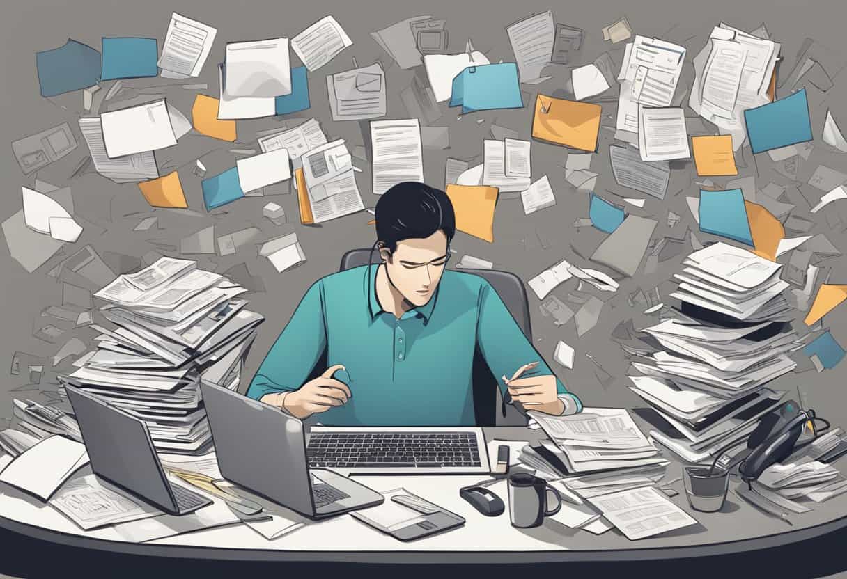 Managing stress 2 Managing stress | Overwhelmed office worker with paperwork chaos.