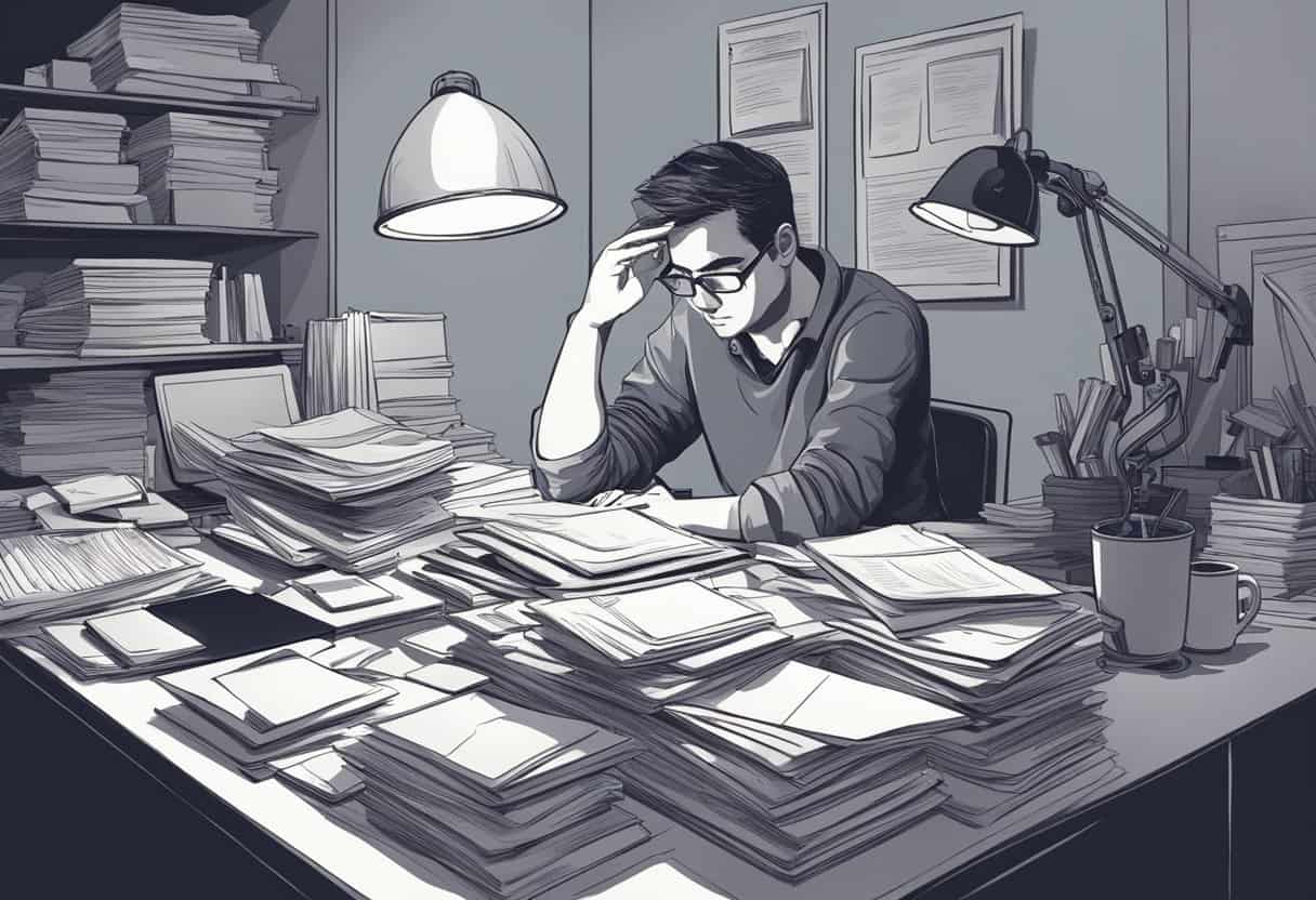 Managing stress 5 Managing stress | Man overwhelmed with paperwork in office.