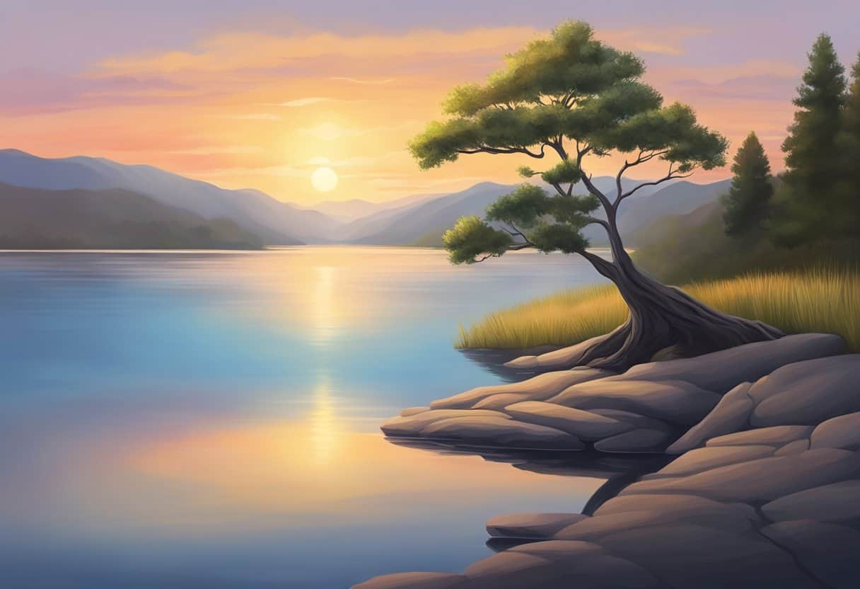 Focusing on Core Values and Priorities 1 Focusing on Core Values and Priorities | Sunset, tree, lake, mountains digital landscape illustration
