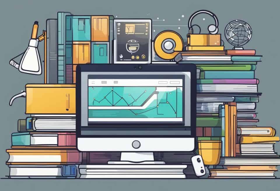 Interactive learning in the modern age | Colorful workspace with computer and books.