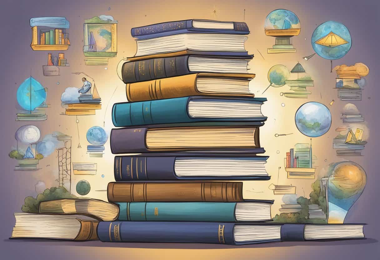 The Credibility of Jane Roberts 3 The Credibility of Jane Roberts | Stack of books with floating magical worlds and elements.