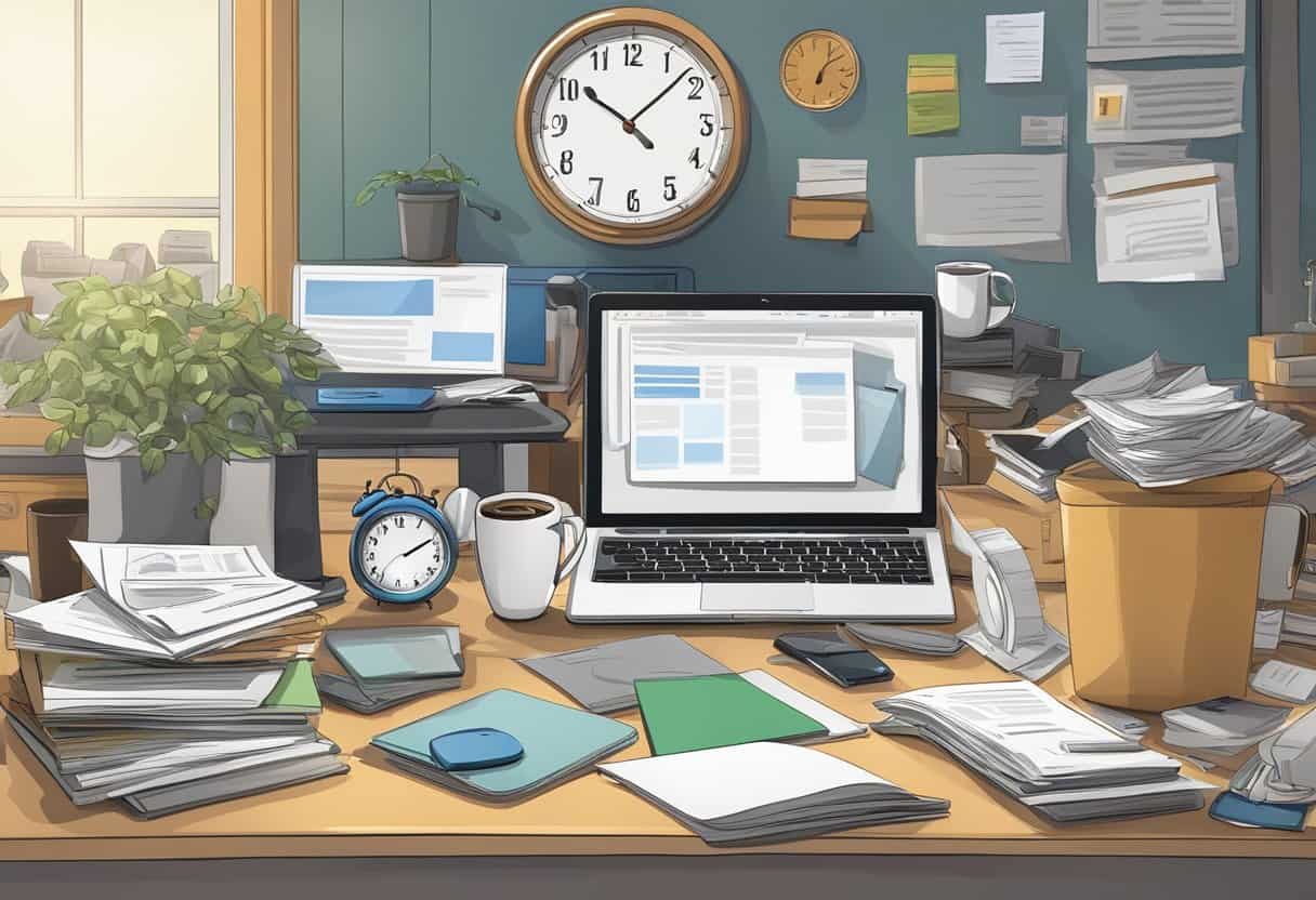 image 3 Technology and Productivity | Cluttered office desk with laptop, clock, and paper piles.