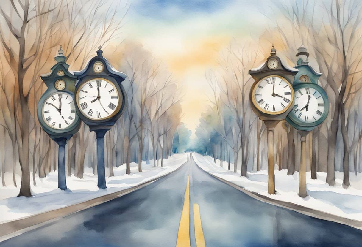 Simultaneous Time and Probable Realities 1 Simultaneous Time and Probable Realities | Snowy road flanked by two vintage street clocks.