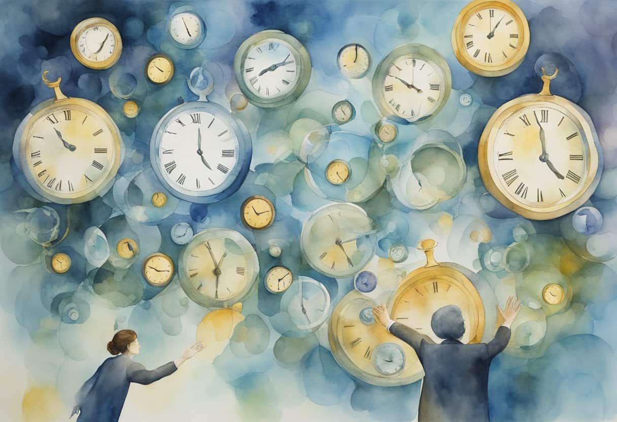 Simultaneous Time and Probable Realities 5 Simultaneous Time and Probable Realities | Abstract watercolor painting of floating clocks and men.