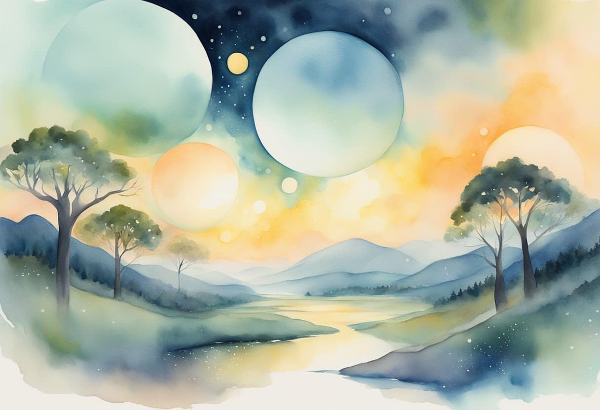 Simultaneous Time and Probable Realities 6 Simultaneous Time and Probable Realities | Surreal watercolor landscape with celestial orbs and river.