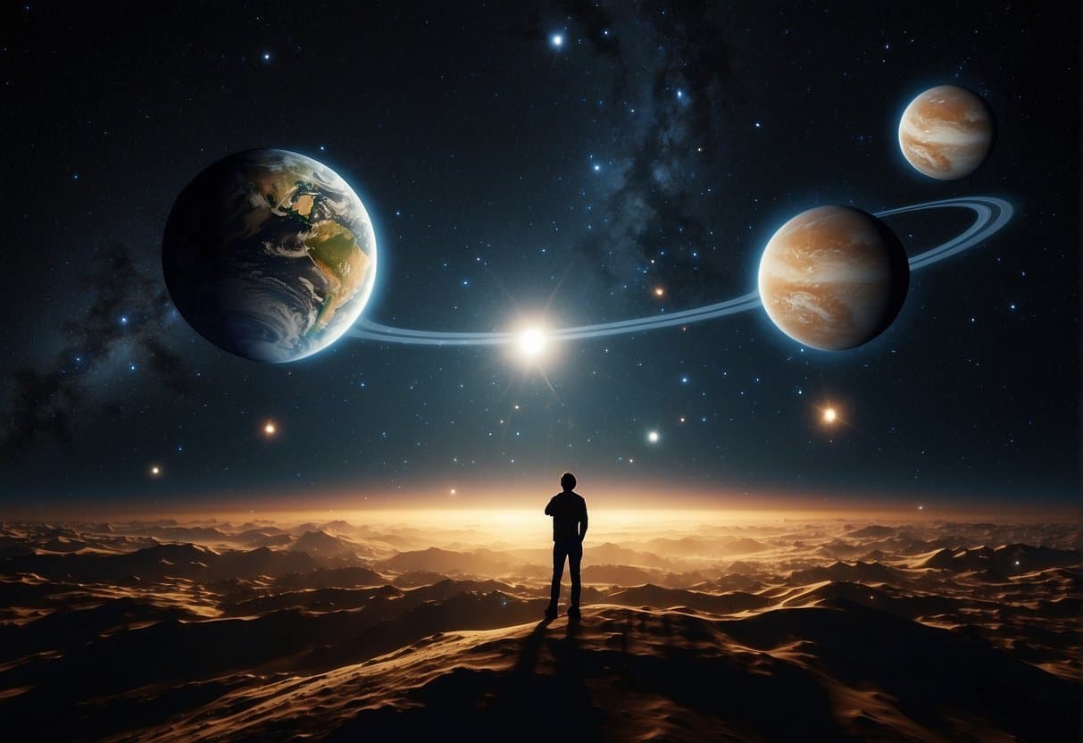 The Three Body Problem 1 The Three Body Problem | Person viewing planets from alien landscape at night.