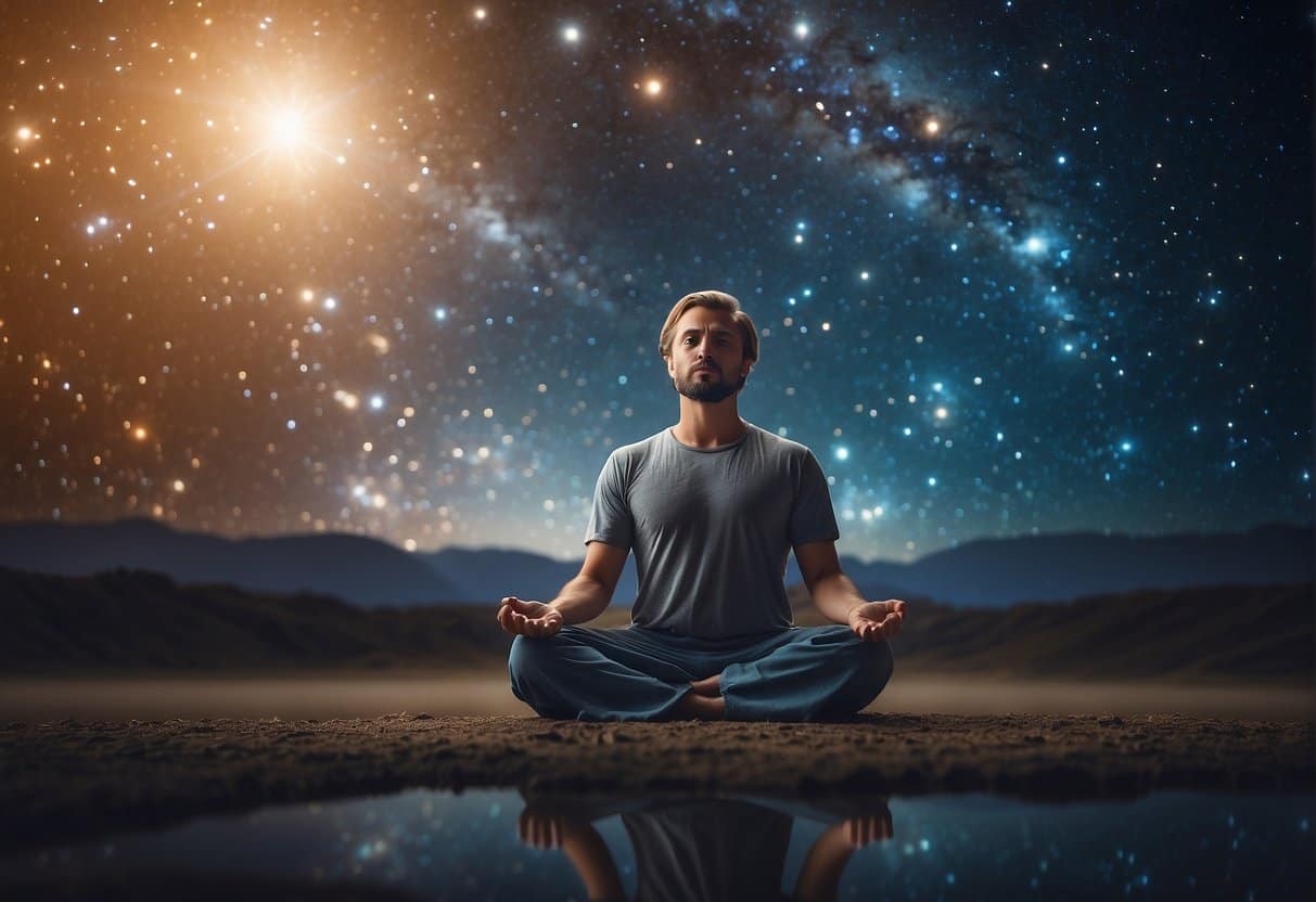 The Three Body Problem 3 The Three Body Problem | Man meditating under starry sky with mountain reflection.