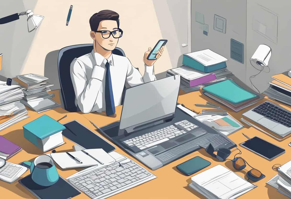 image 4 Technology and Productivity | Man at desk multitasking with phone and laptop.