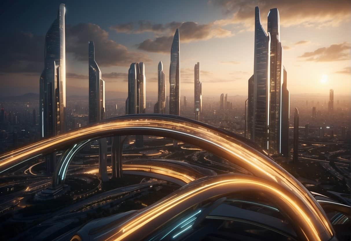 Cerebral Sci-Fi and Mind Travel 2 Cerebral Sci-Fi and Mind Travel | Futuristic cityscape at sunset with curving highways and skyscrapers.
