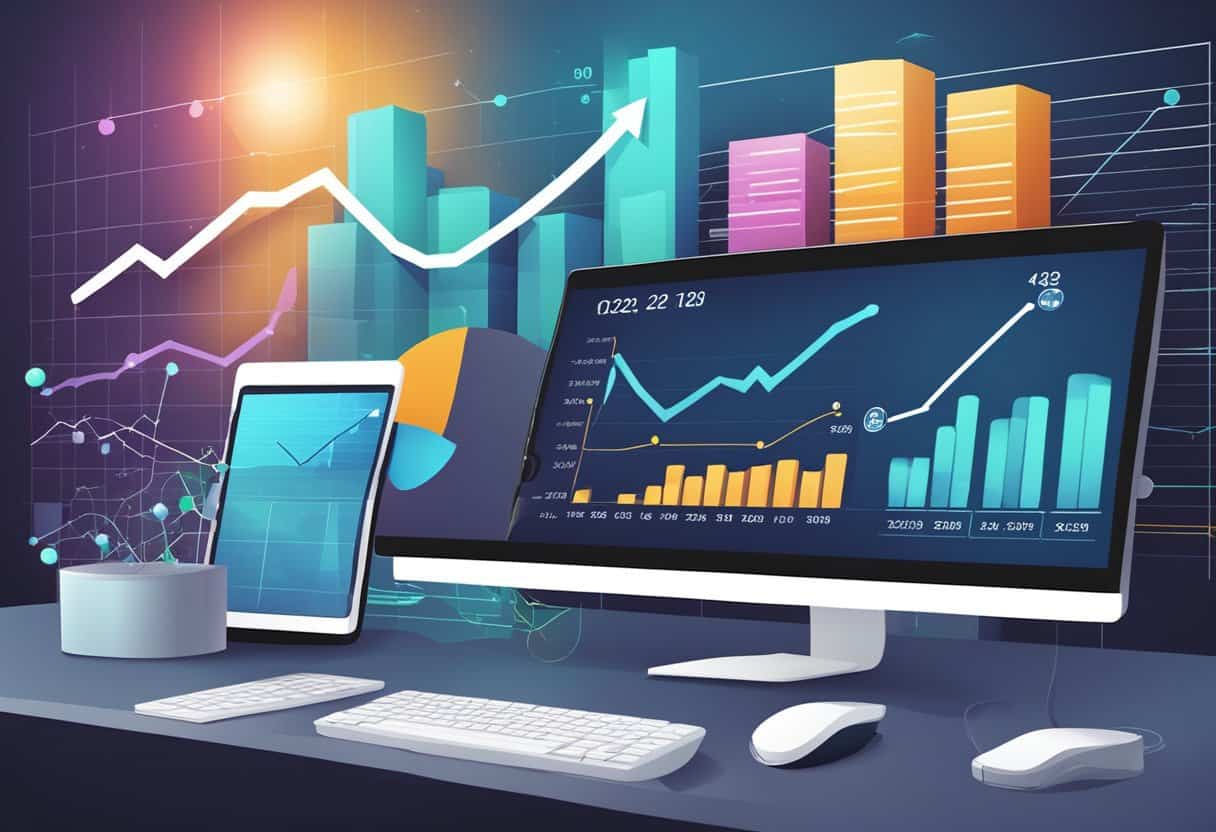 image 5 Technology and Productivity | Digital financial analytics displayed on computer and tablet.