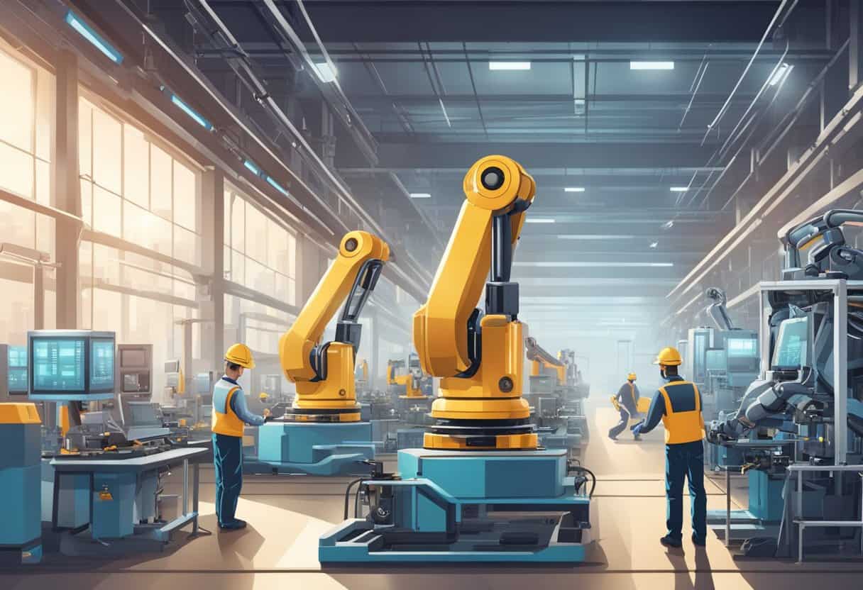 image 6 Technology and Productivity | Industrial robots and workers in manufacturing plant.