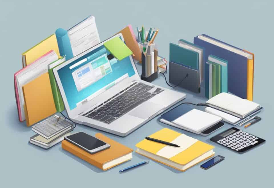 Interactive learning in the modern age | Modern digital workspace with laptop and office supplies.