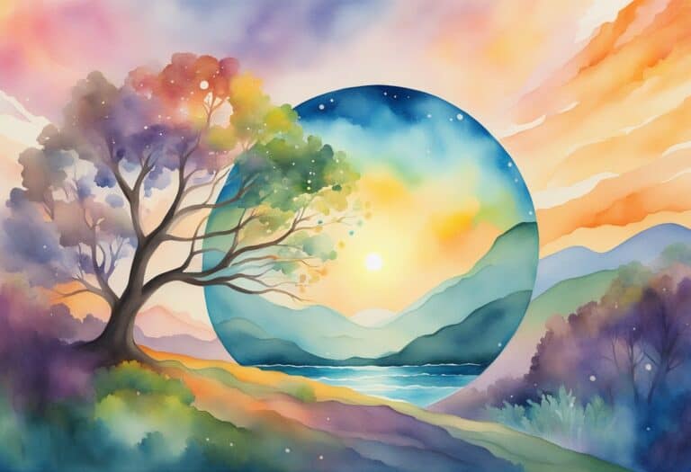 Colorful watercolor landscape with tree and celestial backdrop
