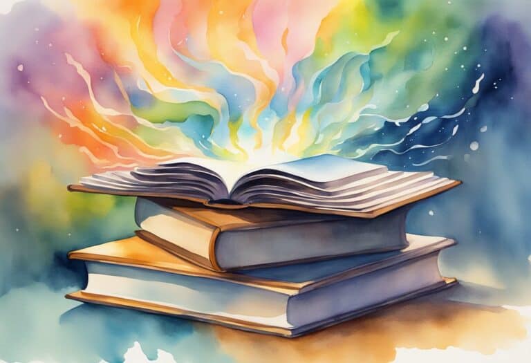 Watercolor painting of magical books with colorful aura