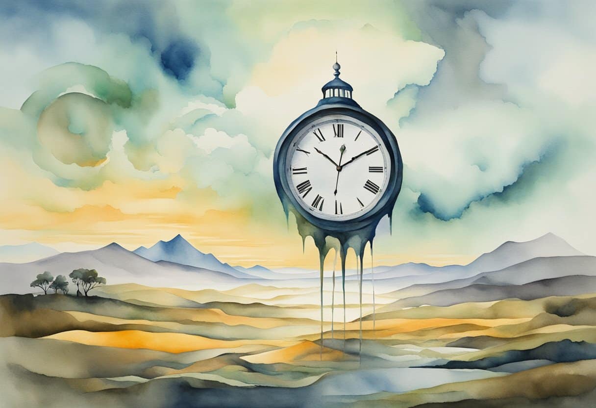 the illusion of time 1 Surreal watercolor painting of floating dripping clock over landscape.